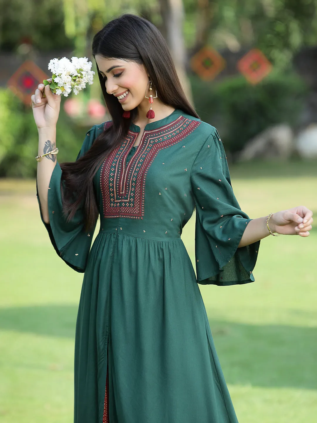 Juniper Jade Green Ethnic Motif Printed Rayon High-Slit Kurta & Palazzo Set With Thread Work Embroidery