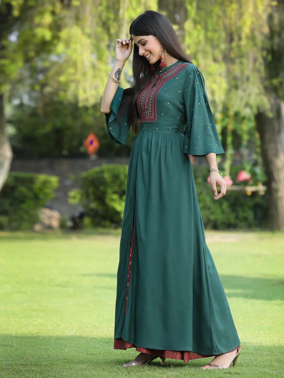 Juniper Jade Green Ethnic Motif Printed Rayon High-Slit Kurta & Palazzo Set With Thread Work Embroidery