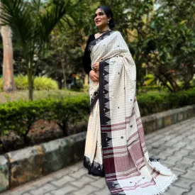 Kotpad  Handwoven Cotton Saree in Off White, Black & Aal Brown