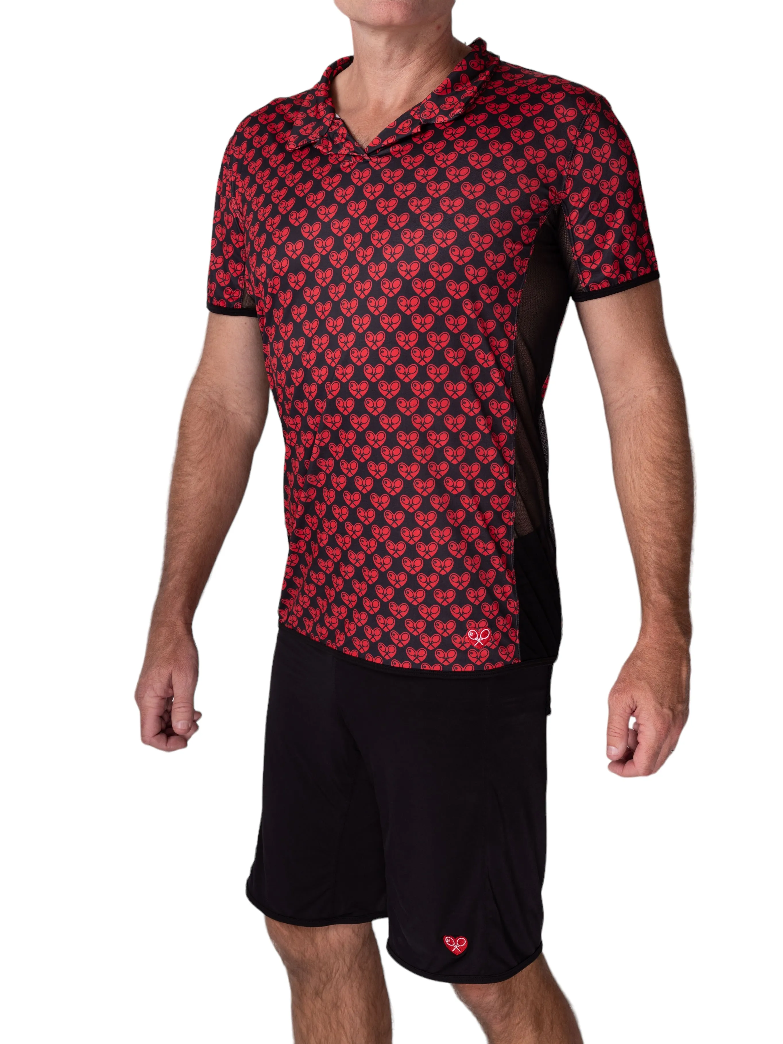 Limited Long Men's Polo Shirt Mini Red Hearts With Mesh