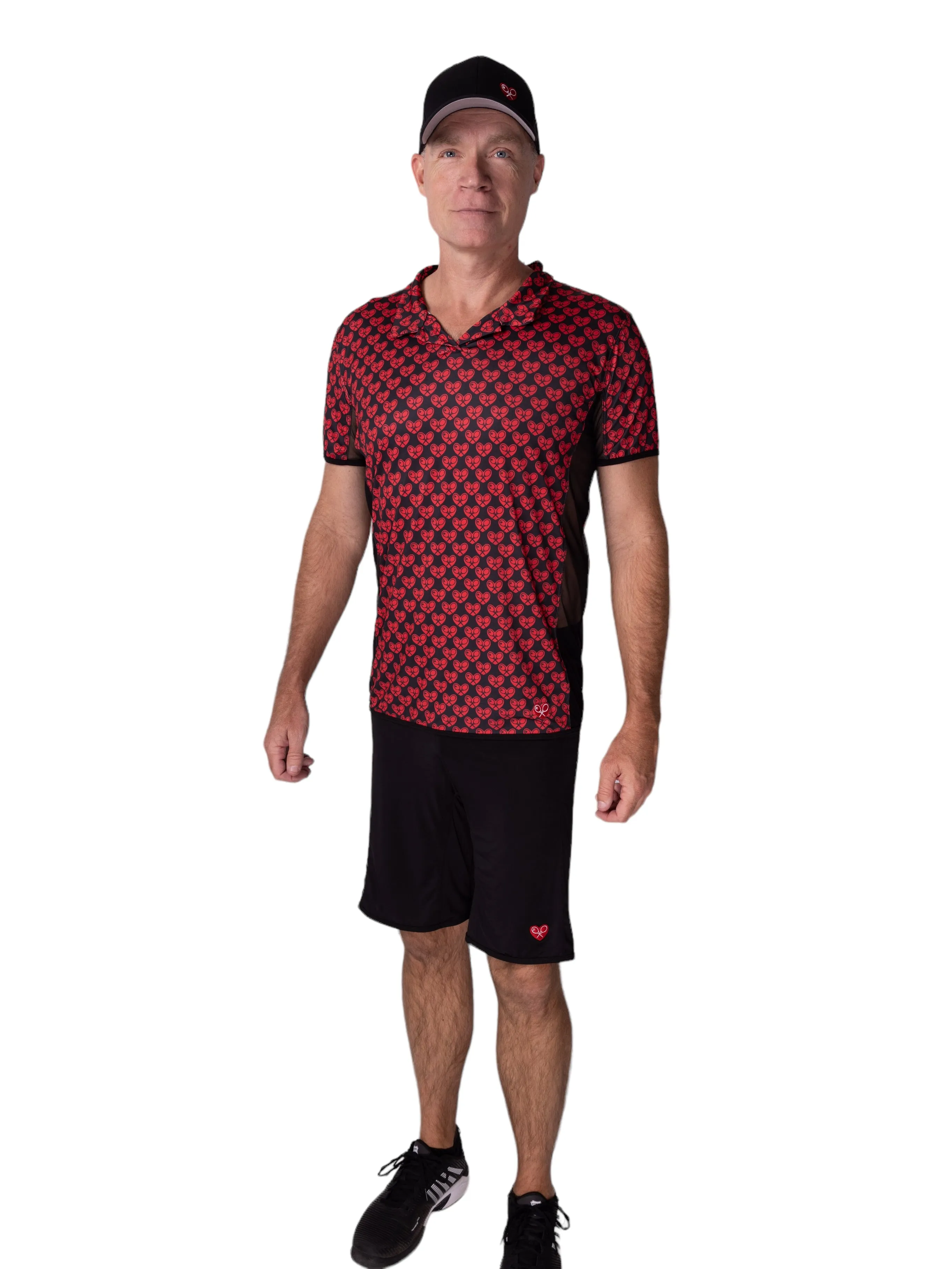 Limited Long Men's Polo Shirt Mini Red Hearts With Mesh