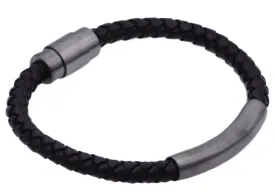 Mens Black Leather Gunmetal Stainless Steel Bracelet