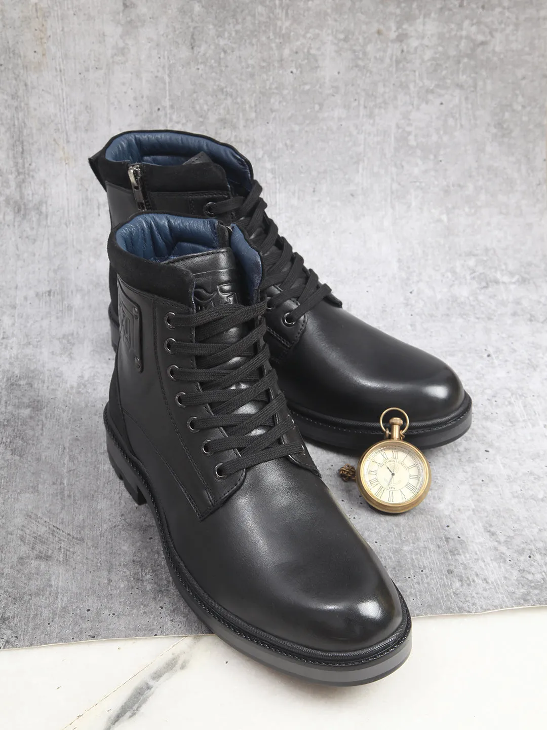 Mens Black Round Toe Lace-Up Ankle Boots (ID1155)