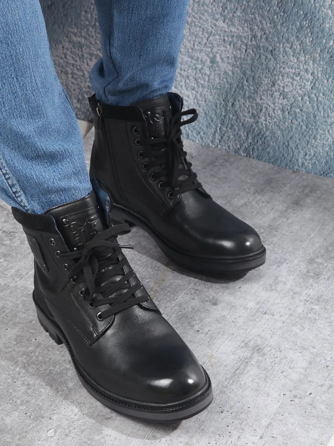 Mens Black Round Toe Lace-Up Ankle Boots (ID1155)