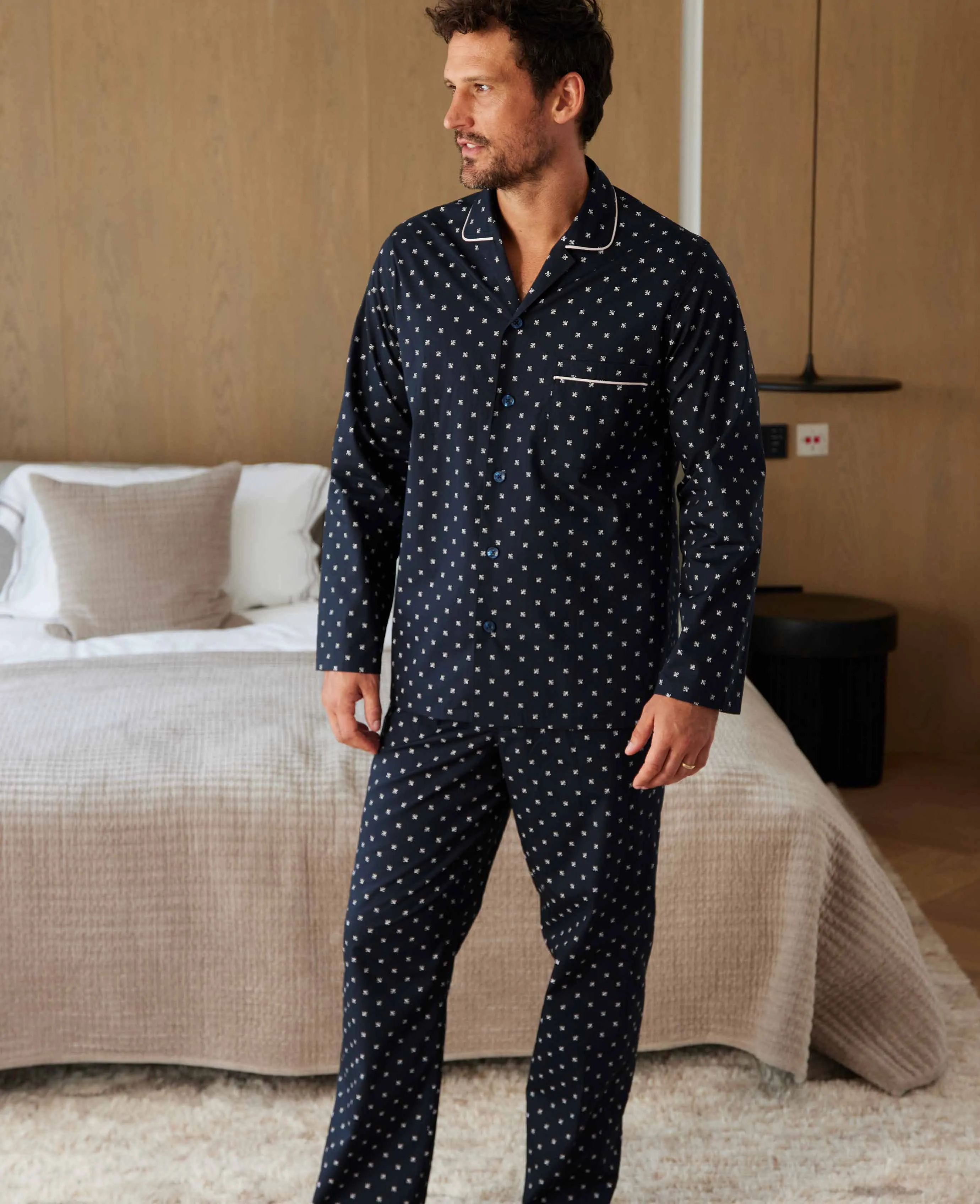 Navy Blue Cotton Pyjamas with Fleur-de-Lys Pattern and Piping Details