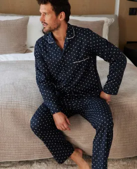 Navy Blue Cotton Pyjamas with Fleur-de-Lys Pattern and Piping Details