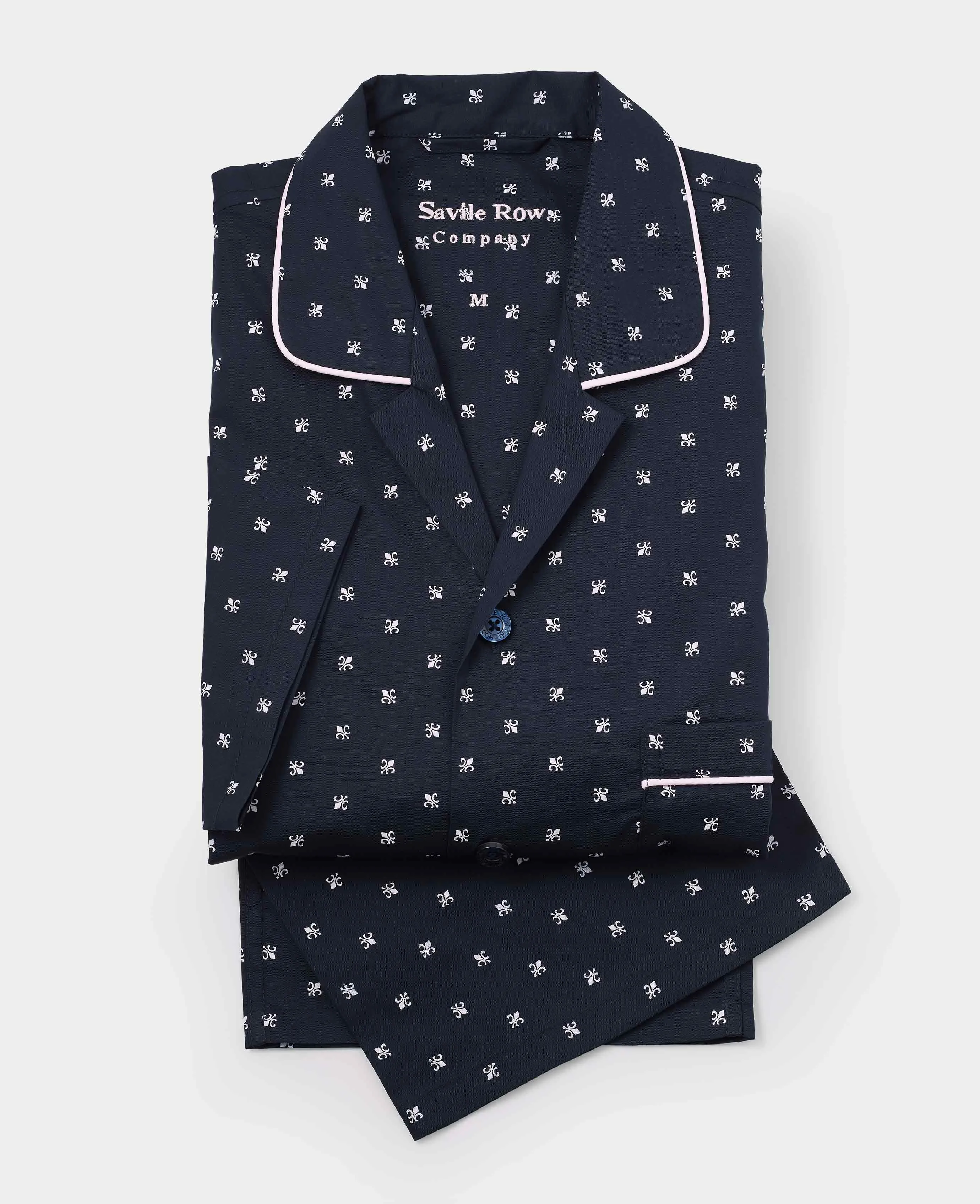 Navy Blue Cotton Pyjamas with Fleur-de-Lys Pattern and Piping Details