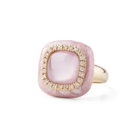 Rose pink enamel 18k yellow gold diamond ring