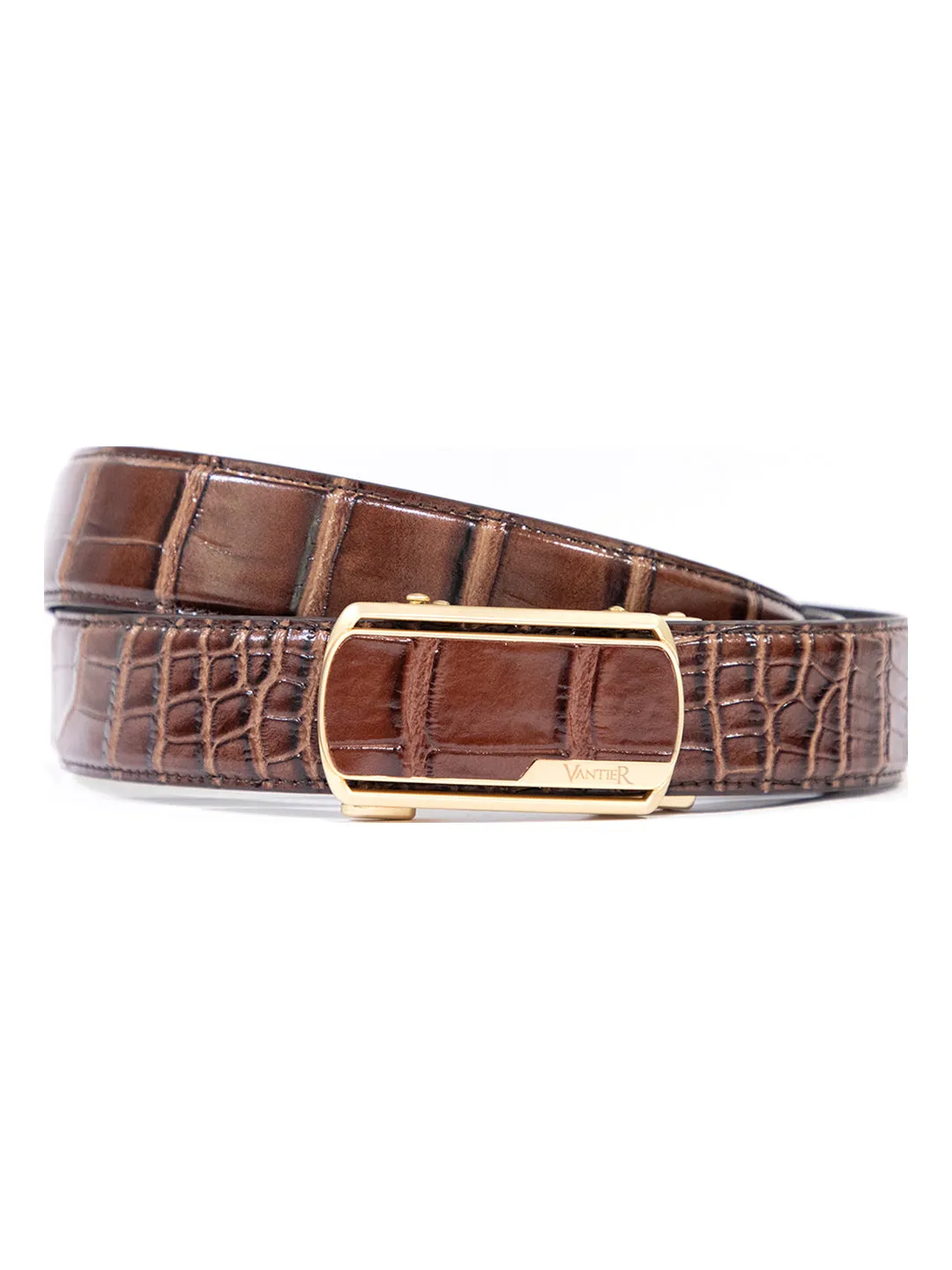 Vantier Luxury No Hole Belt Coffee Colour Gold Buckle A6